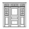 3-Panel door with 8-Lite with shelf over single panel sidelties and 8-Lite 3-part transom
Panel- Raised
Glazing- SDL